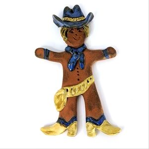 Pottery Cowboy Gingerbread Man Christmas Tree Ornament Signed By Artist 5.5"